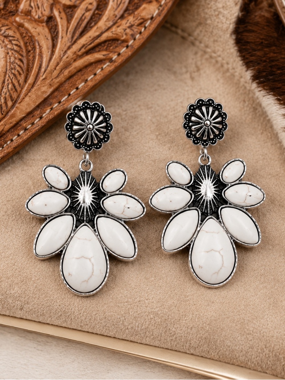 White Stone Floral Drop Earrings - Women Jewelry